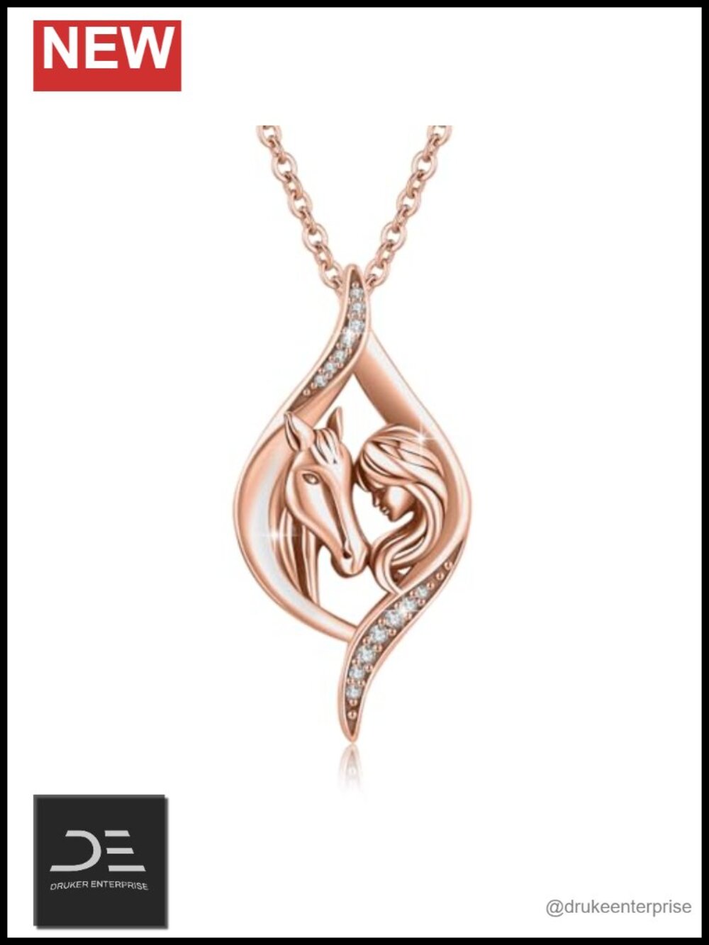 Sterling Silver Horse Infinity Necklace Pendant Cubic Zirconia Rhodium Plated